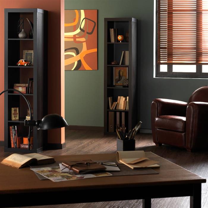 Bureau / Bibliothèque réalisée avec de la peinture intérieure dans les tons de verts, orangés marrons et teintes sombres